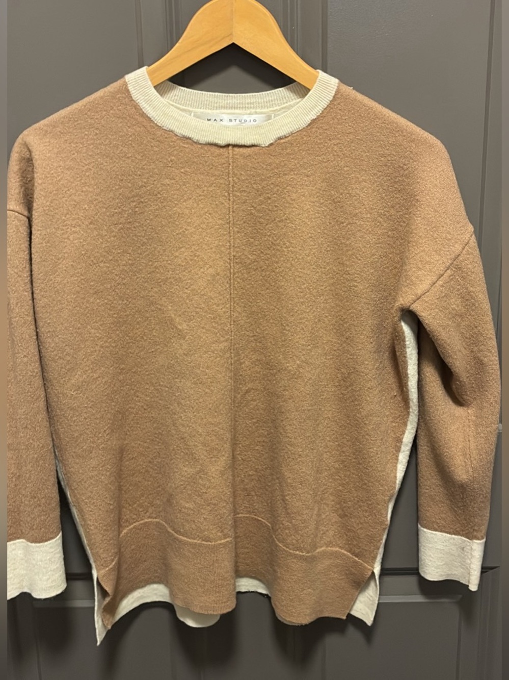 Max Studio Two-Tone Camel and Cream Merino Crewneck Sweater